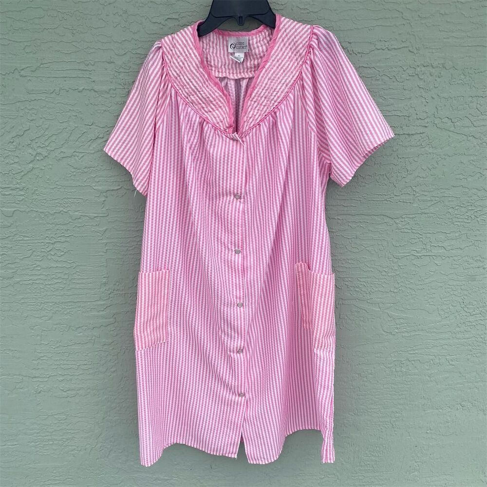 Cozee Corner Women's XL Pink Striped Button-Down Dress Short Sleeve Casual